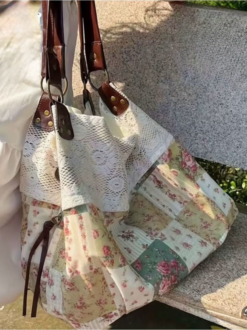 Women’s Floral Patchwork Tote Bag with Crochet Trim